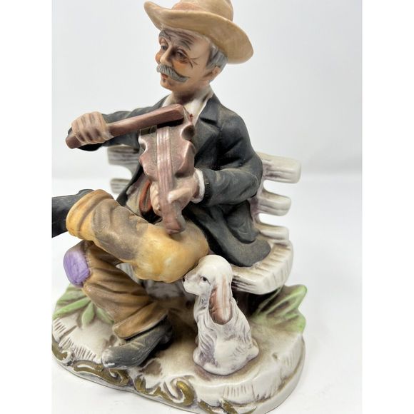 Vtg Norleans Japan  Man on Bench Playing Fiddle & His Dog 7 1/2" T x 6"L x 4"W - Picture 4 of 5